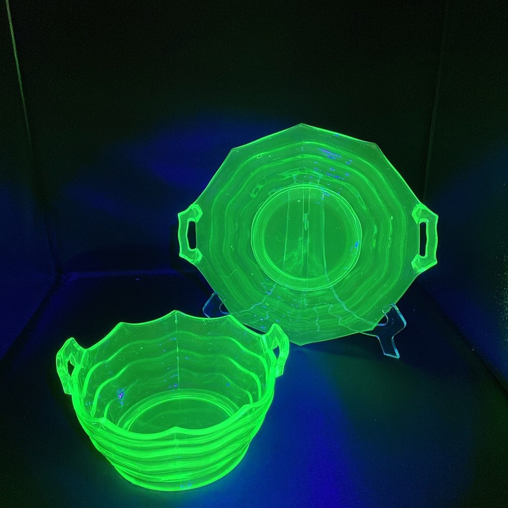 Vintage Green Uranium Glass Bowl and Tray Set‎ Ribbed Vaseline Glass Glows UV